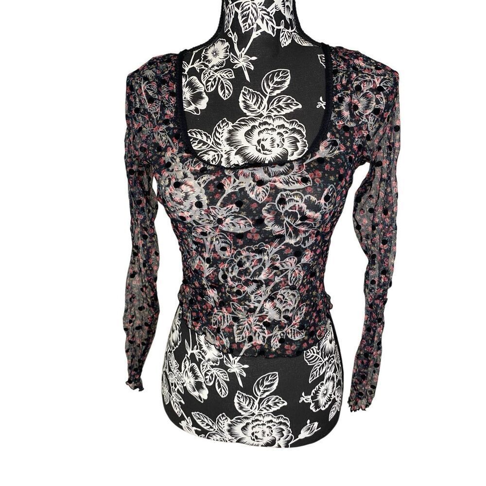 For Love & Lemons Floral Mesh Flocked Polka Dot Sheer Fairycore Top Black Pink